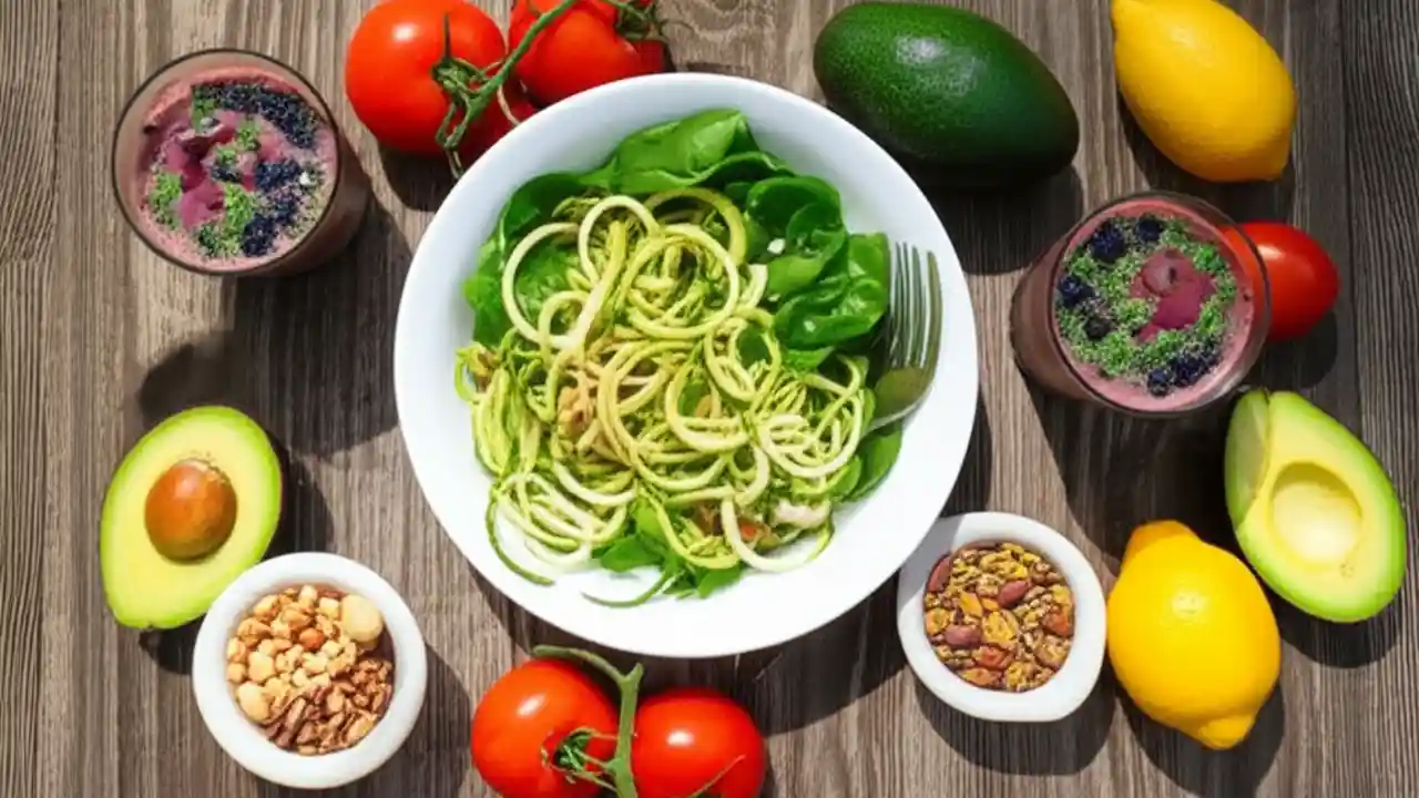 A colorful flat lay of raw food diet ingredients including a zucchini noodle salad, a green smoothie, and fresh fruits and nuts.