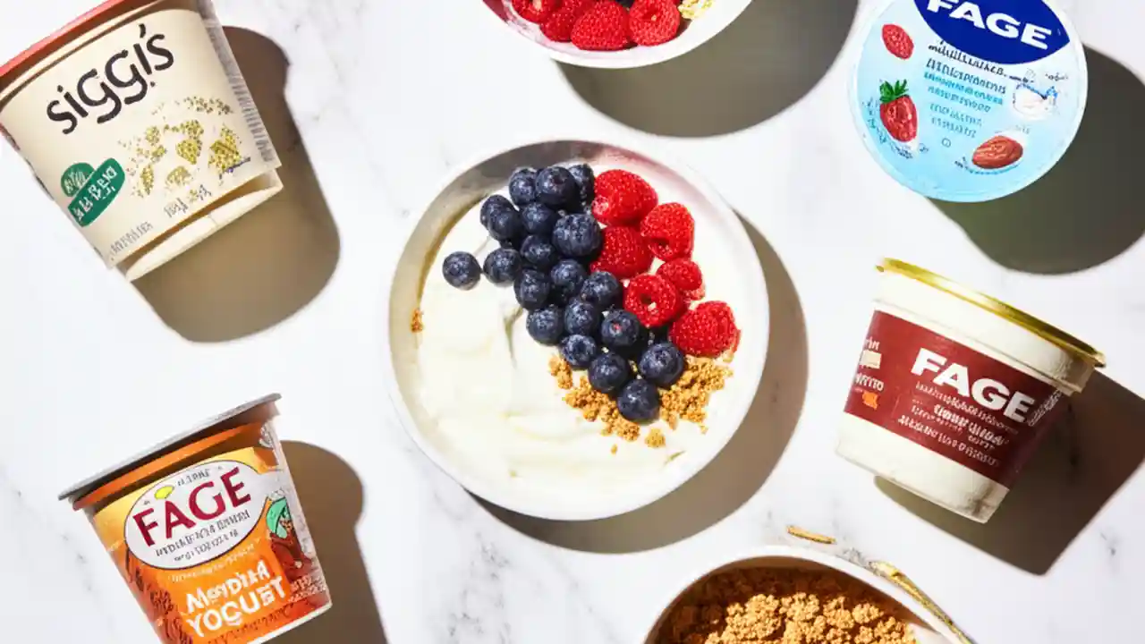 A top-down view of the best healthy yogurts, featuring a central bowl of Greek yogurt with berries and containers of Fage and Siggi's.