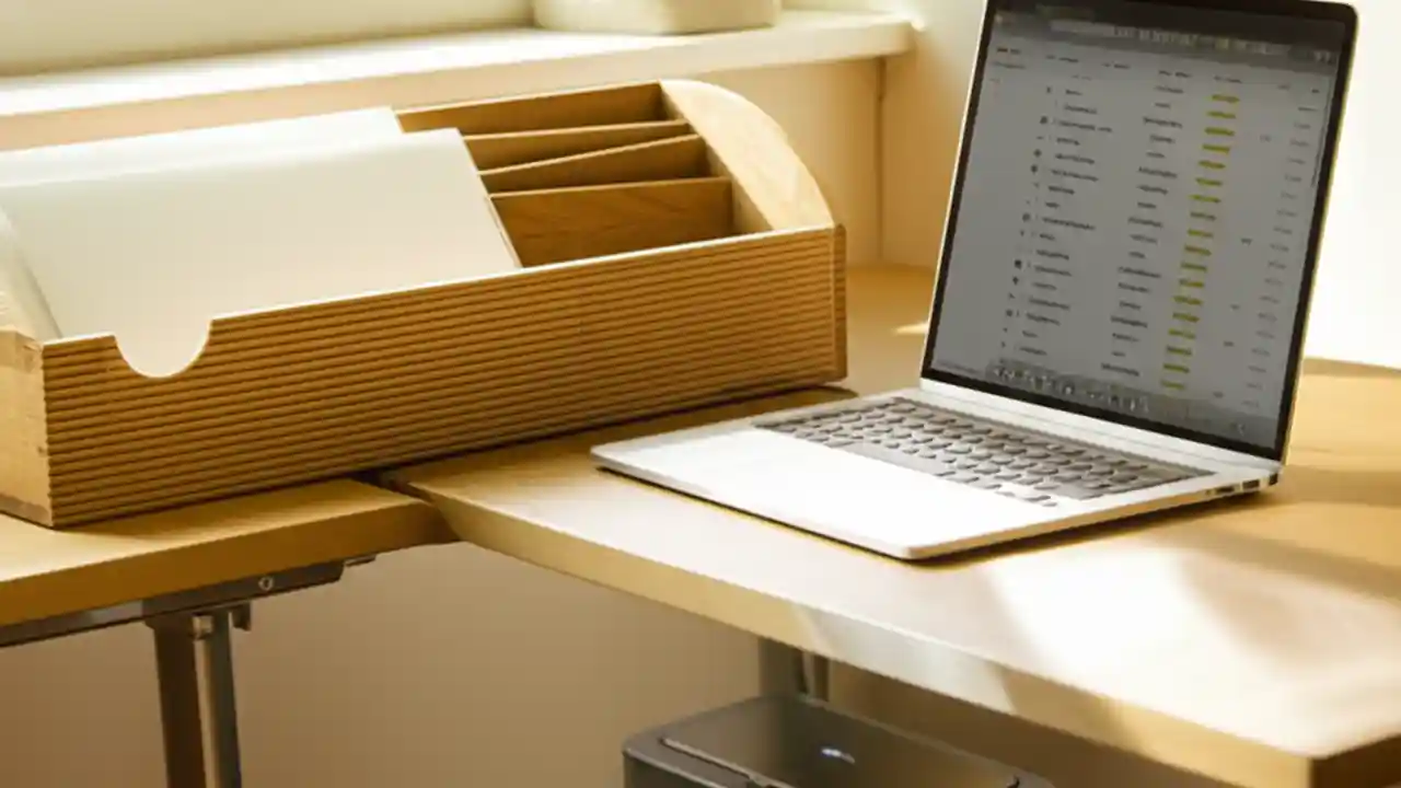 A clean and organized desk showing the best system for organizing mail, with a tray for paper mail, a shredder, and a laptop with a clean email inbox.
