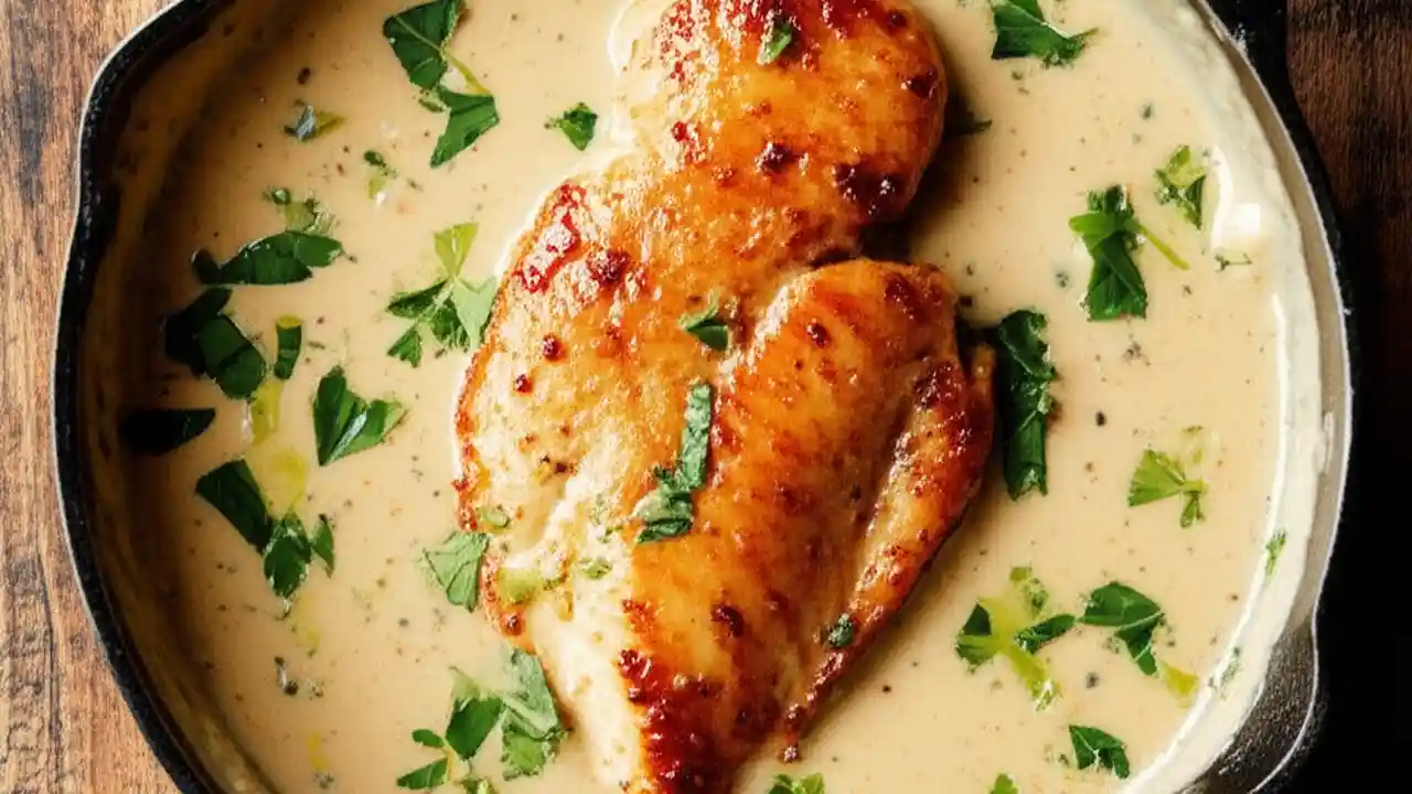 A close-up of creamy garlic parmesan chicken in a skillet, garnished with parsley.