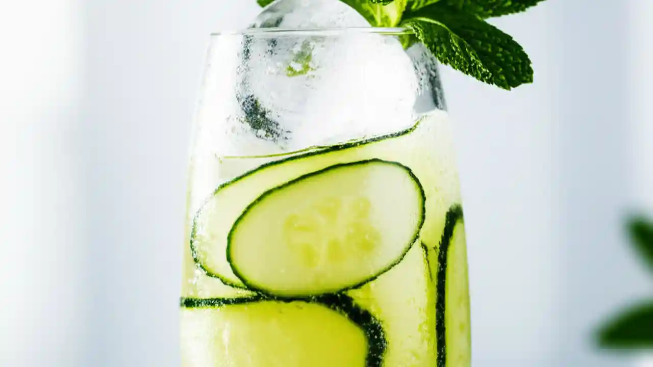 A tall glass filled with a clear, light green cucumber mint cooler, garnished with fresh mint leaves and thin cucumber slices, on a light wooden table.