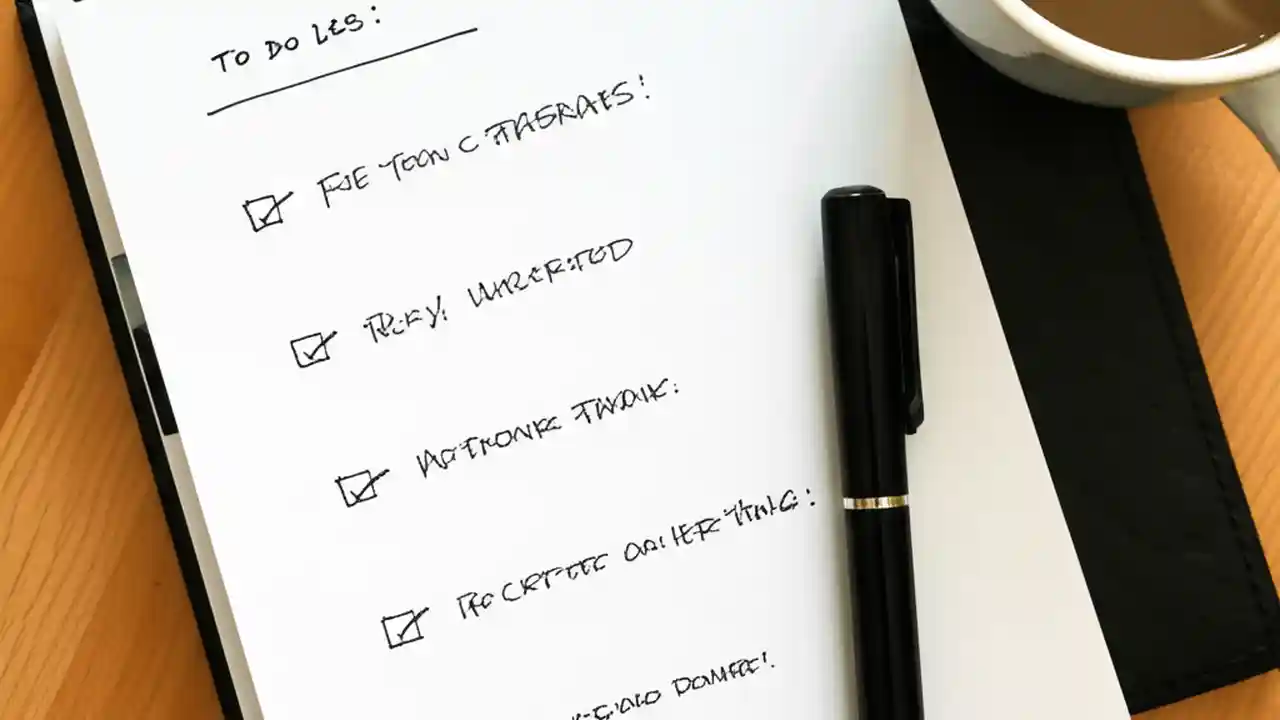 A clean desk showing a simple notebook with a short, effective to-do list, a pen, and a cup of coffee, demonstrating productivity tips.