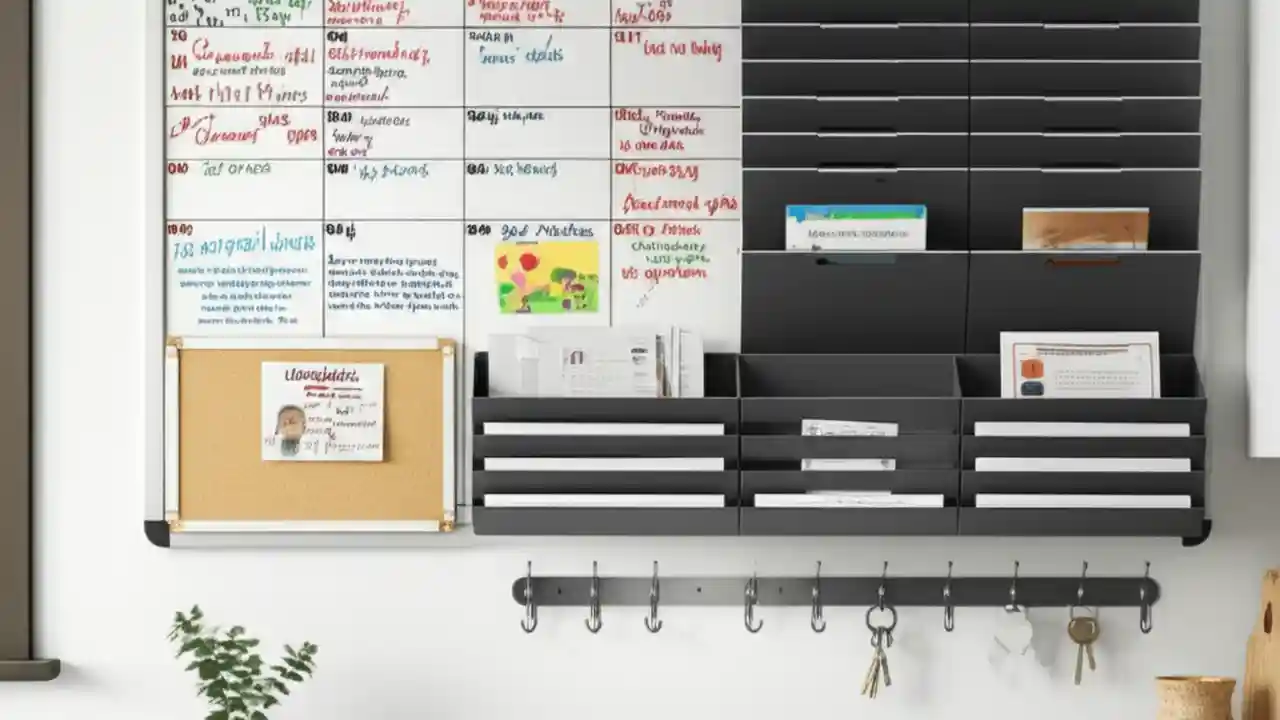 A functional and stylish family command center on a wall with a calendar, mail sorter, and key hooks, demonstrating organization.