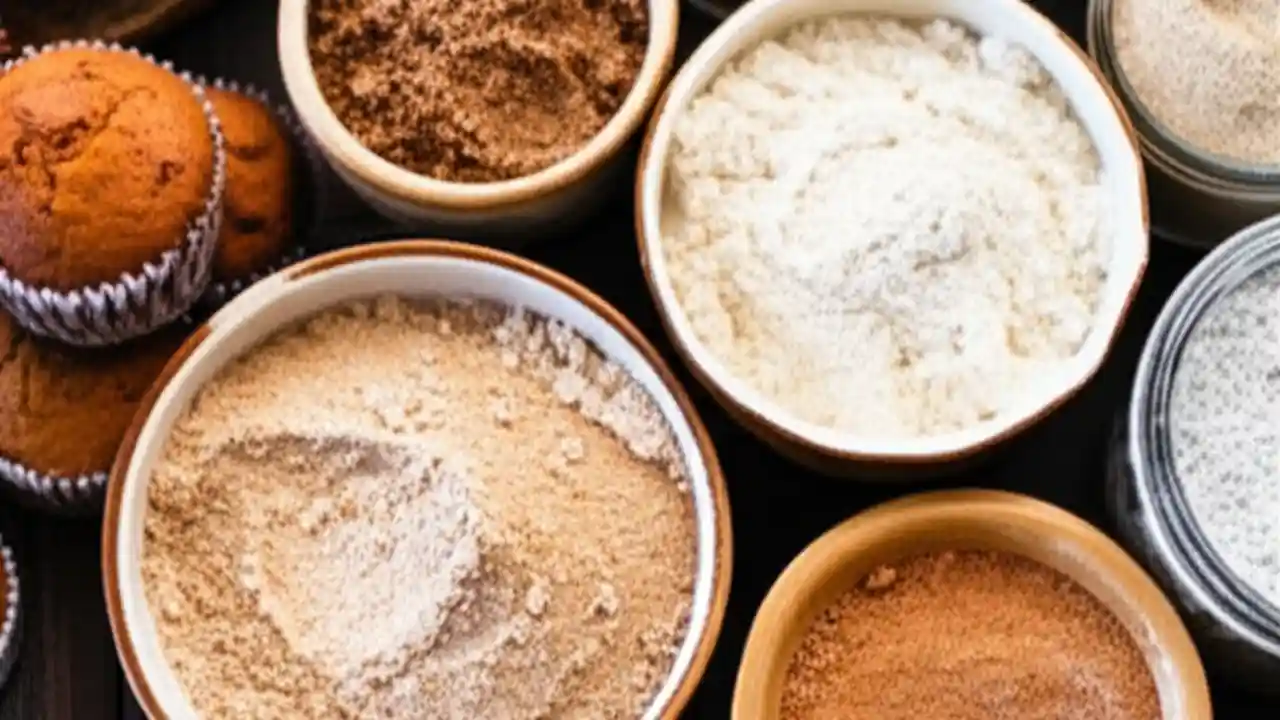 A flat lay showing bowls of almond flour, coconut flour, oat flour, and whole wheat flour next to healthy muffins, bread, and cookies.