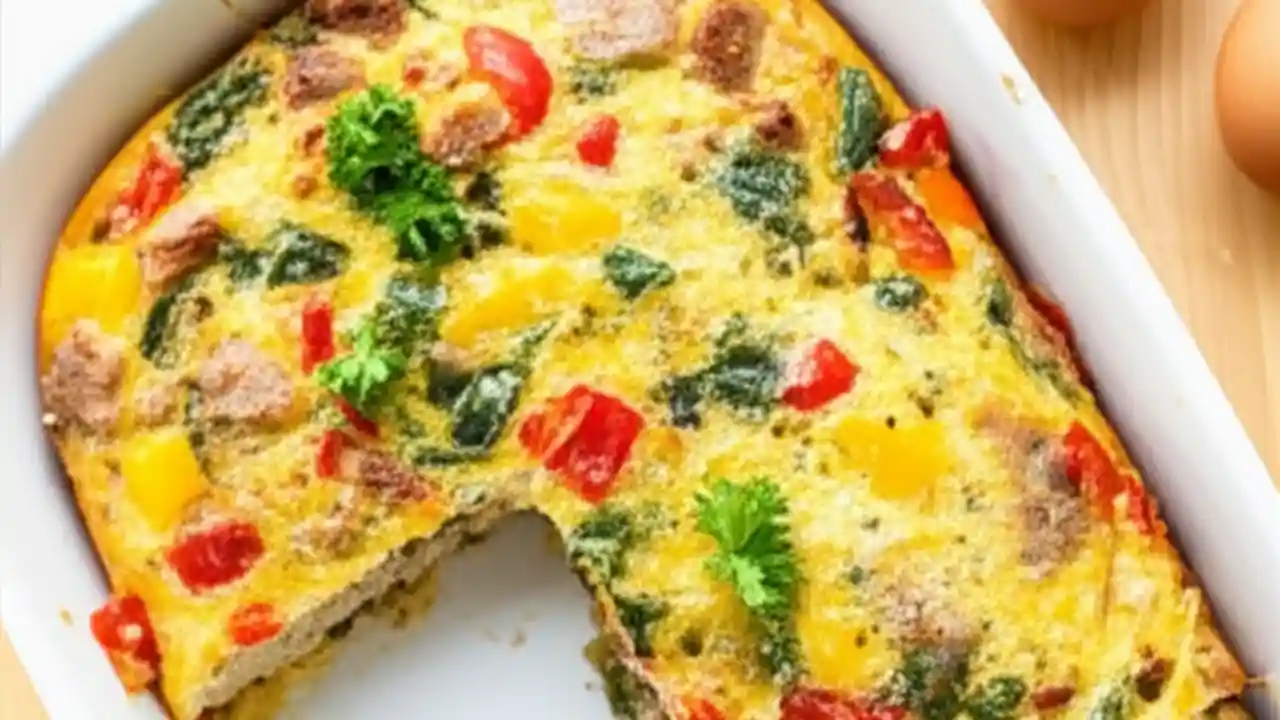 A freshly baked healthy breakfast casserole in a white dish, sliced to show the colorful layers of vegetables and sausage, and garnished with fresh parsley.