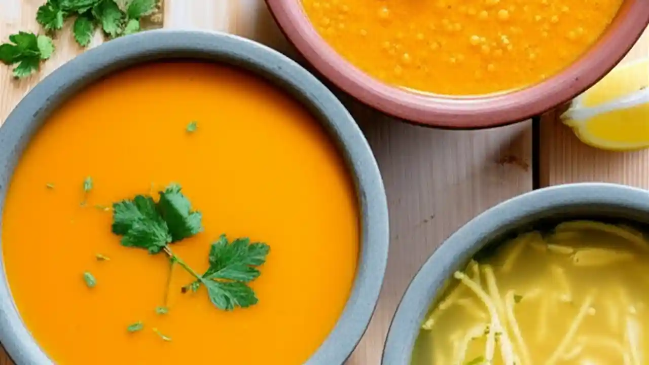Three bowls of healthy homemade soup, including a creamy carrot soup, a lentil soup, and a chicken noodle soup, ready to eat.