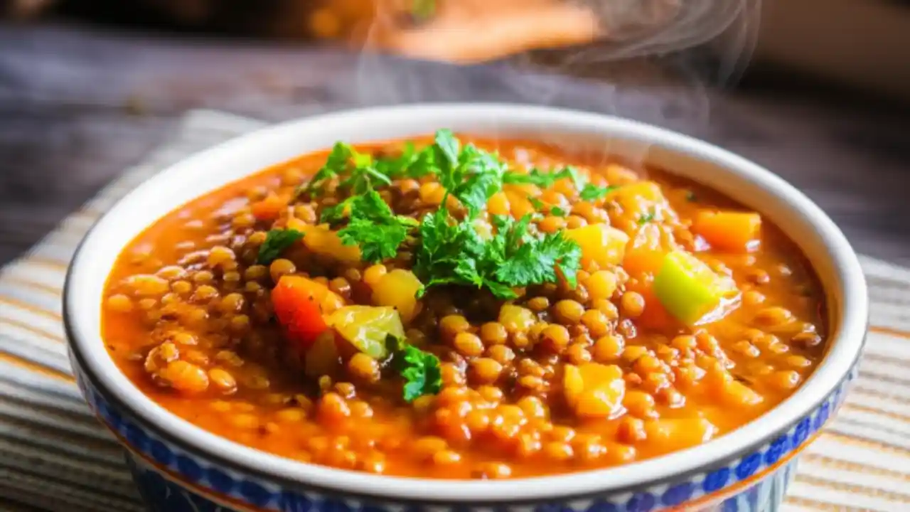 A steaming bowl of rich, hearty lentil and vegetable stew garnished with fresh parsley, served on a rustic wooden table.