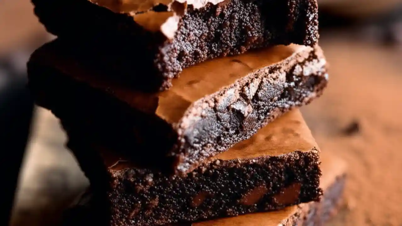 A stack of perfectly baked homemade fudgy brownies, with one showing a dense, moist interior and a shiny, crackly top crust.