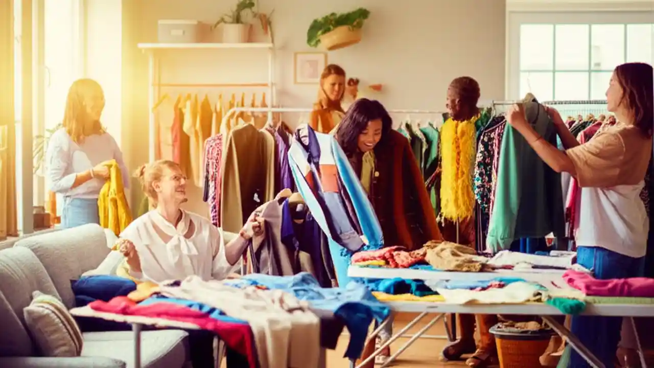 A bright and cheerful scene of diverse friends at a clothing swap, looking through racks of clothes and enjoying the community event.