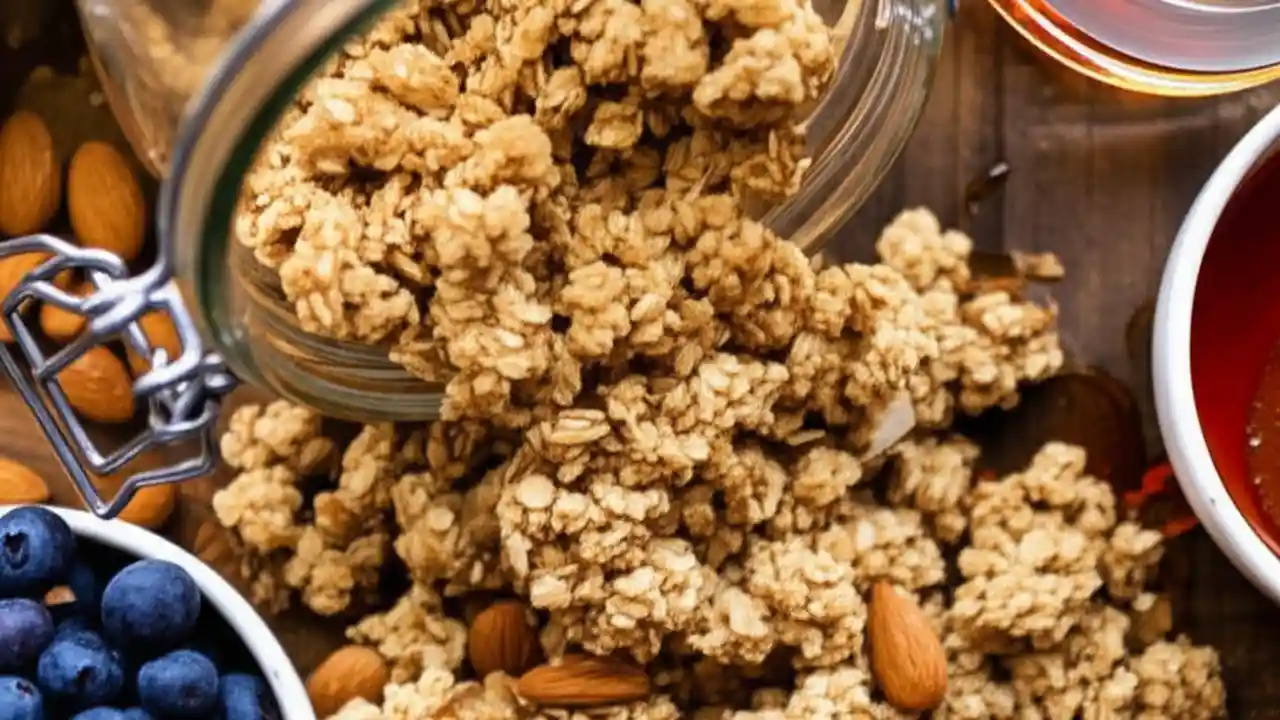 A glass jar filled with perfectly crispy homemade healthy granola, with nuts and dried fruit, ready to be served for breakfast.