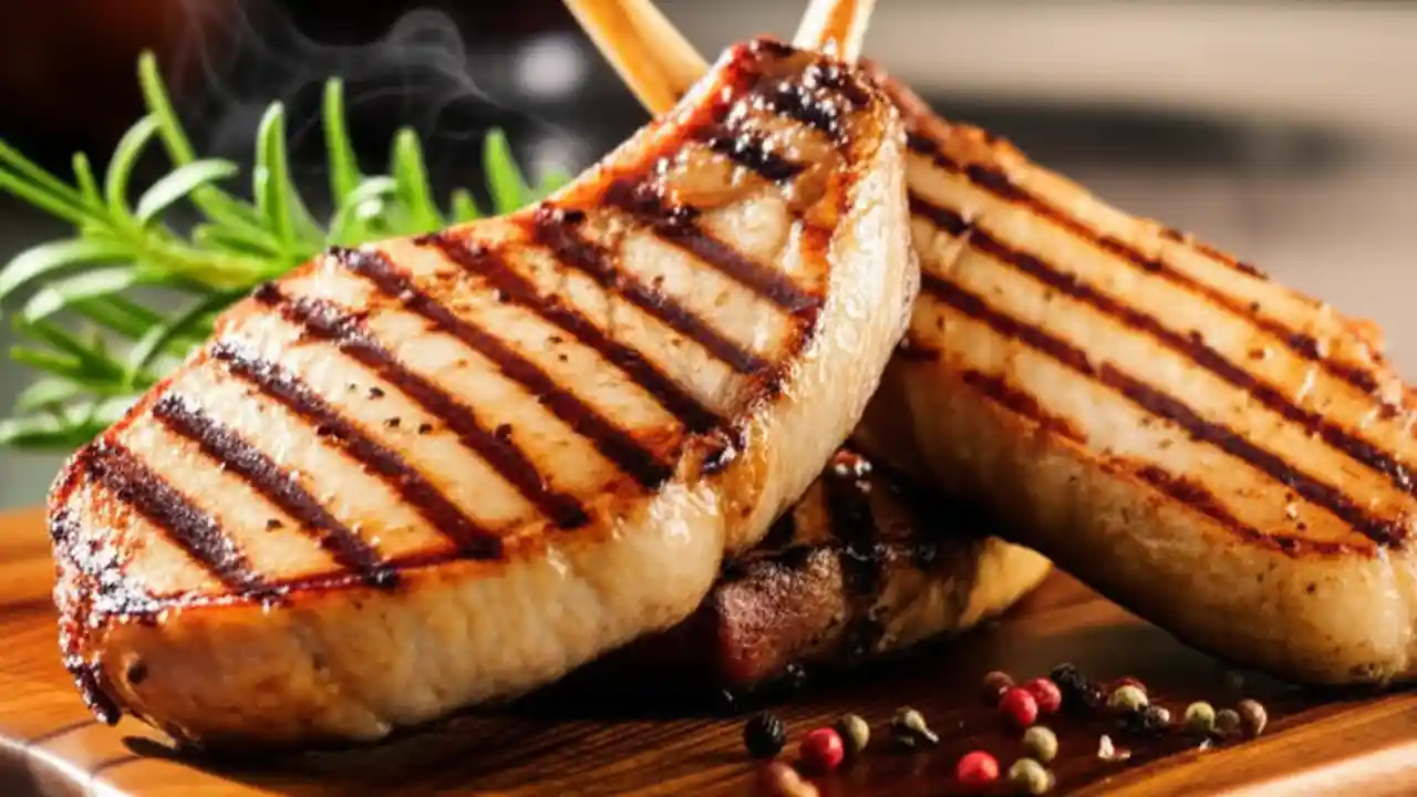 Close-up of two perfectly grilled bone-in pork chops resting on a wooden board, showcasing their juiciness and distinct grill marks.