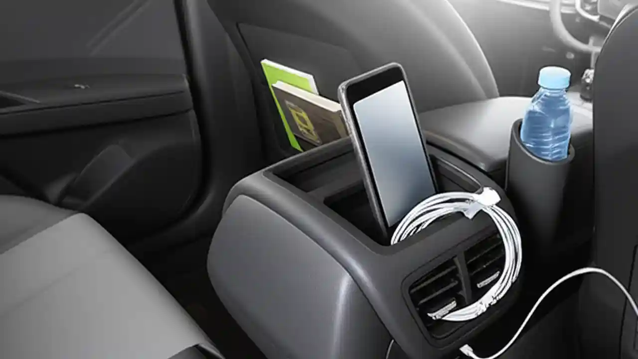 A view from the driver's side of a clean car interior, featuring an organized center console, clean passenger seat, and a tidy backseat organizer.