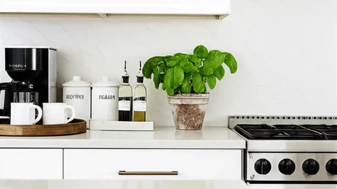 An organized kitchen countertop showing a coffee station on a tray, a clear prep area, and a tray with oil and spices next to the stove.