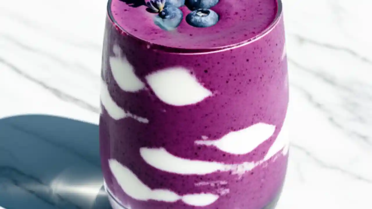 A tall glass of creamy, purple blueberry lavender smoothie topped with fresh blueberries and a sprig of lavender on a marble countertop.