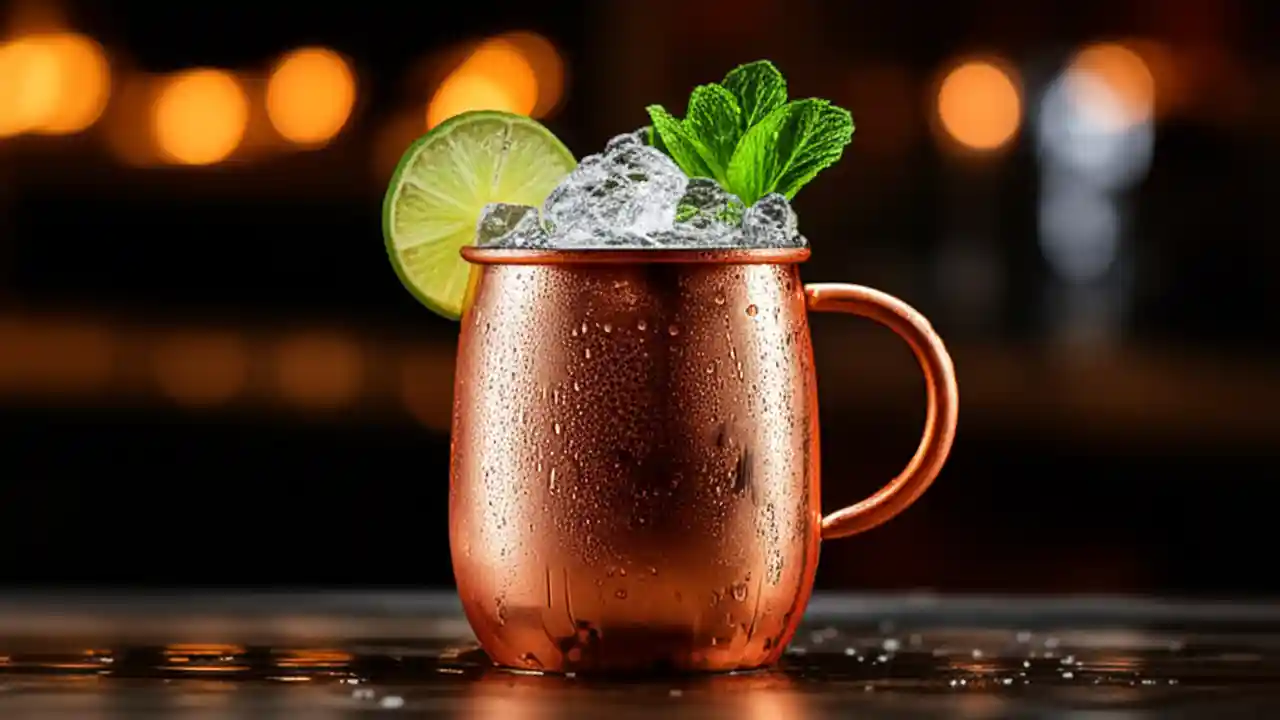 A perfectly crafted London Mule cocktail in a frosty copper mug, garnished with a fresh lime wheel and a sprig of mint on a dark bar top.