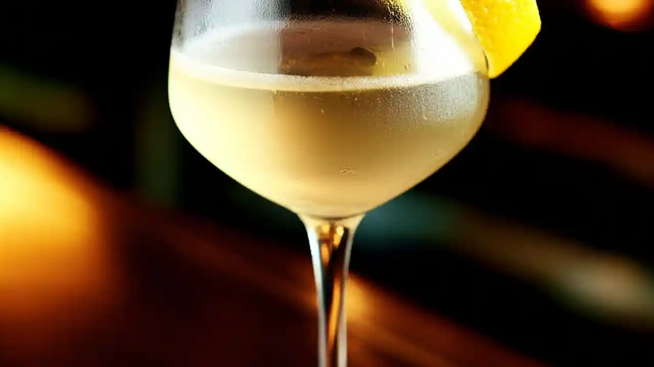 A perfectly chilled Vesper Martini in a coupe glass, garnished with a large lemon twist on a dark bar top.