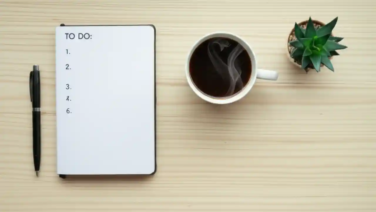 A clean desk with a notebook, pen, coffee mug, and plant, symbolizing a simple and organized life.