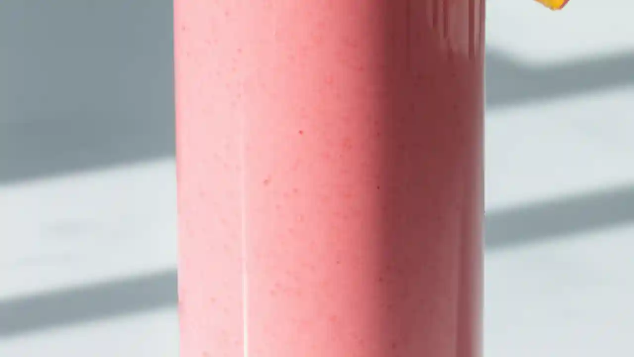 A close-up of a vibrant pink and orange Raspberry Peach Smoothie in a glass, garnished with fresh raspberries.