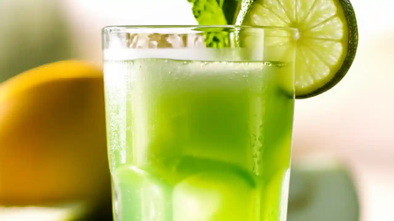 A tall glass of vibrant green honeydew and lime cooler with condensation, garnished with a fresh lime slice and mint sprig.