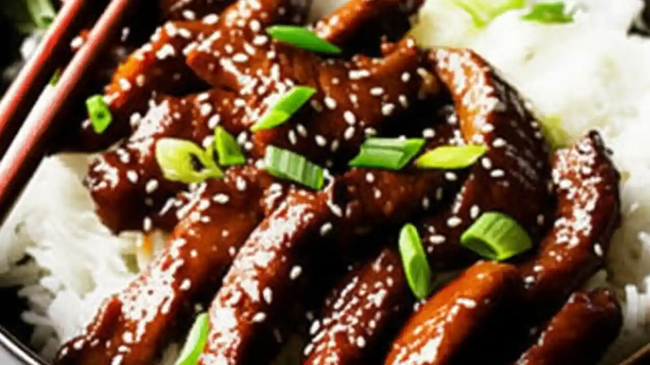 A close-up of a bowl of simple Mongolian beef with a rich sauce, served over white rice and garnished with fresh green onions.