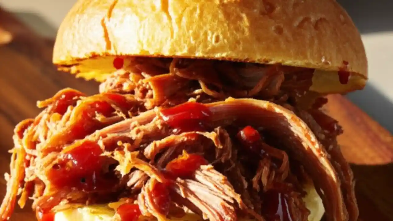 A close-up of a brioche bun piled high with juicy, tender slow cooker pulled pork, ready to be eaten.