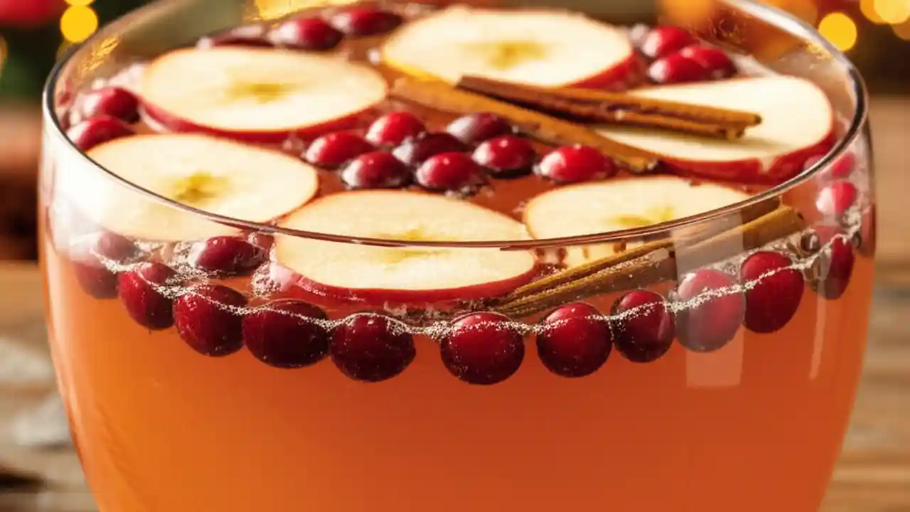 A large glass punch bowl filled with sparkling apple cider punch, garnished with fresh apple slices, cranberries, and cinnamon sticks.