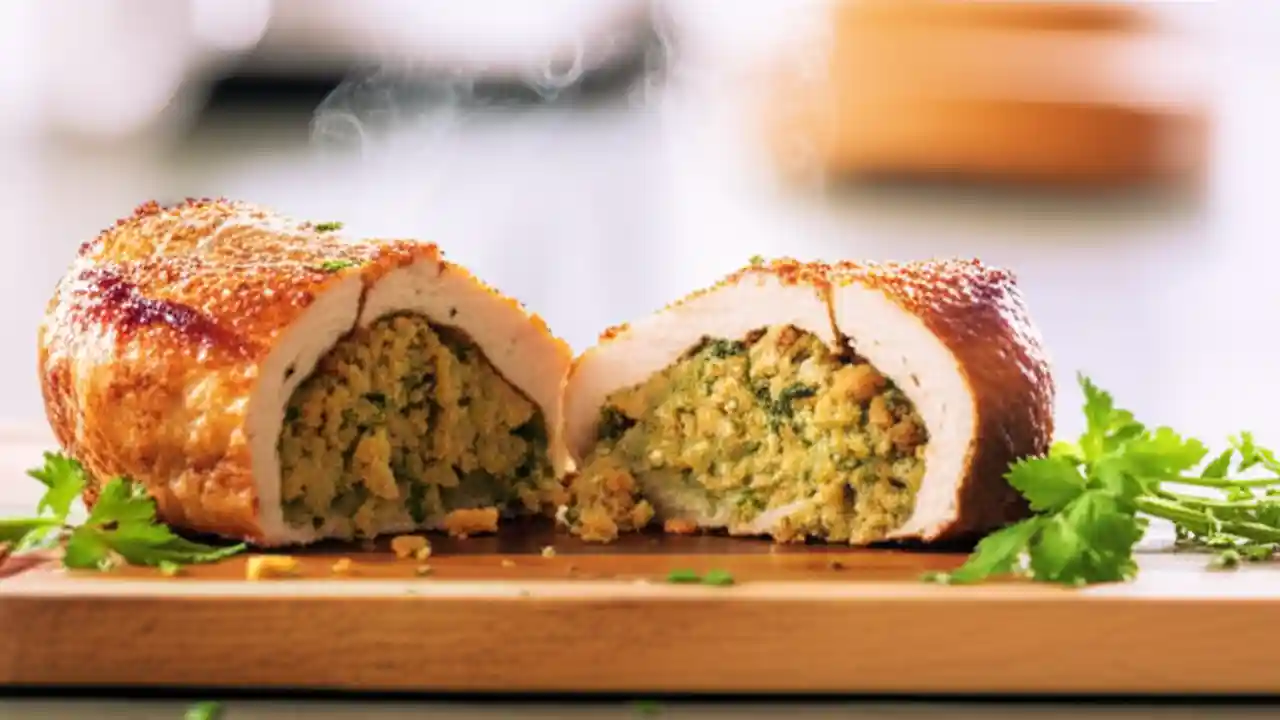 Two perfectly cooked, golden-brown stuffed pork chops, sliced to show the savory herb stuffing, on a wooden board with fresh herbs.