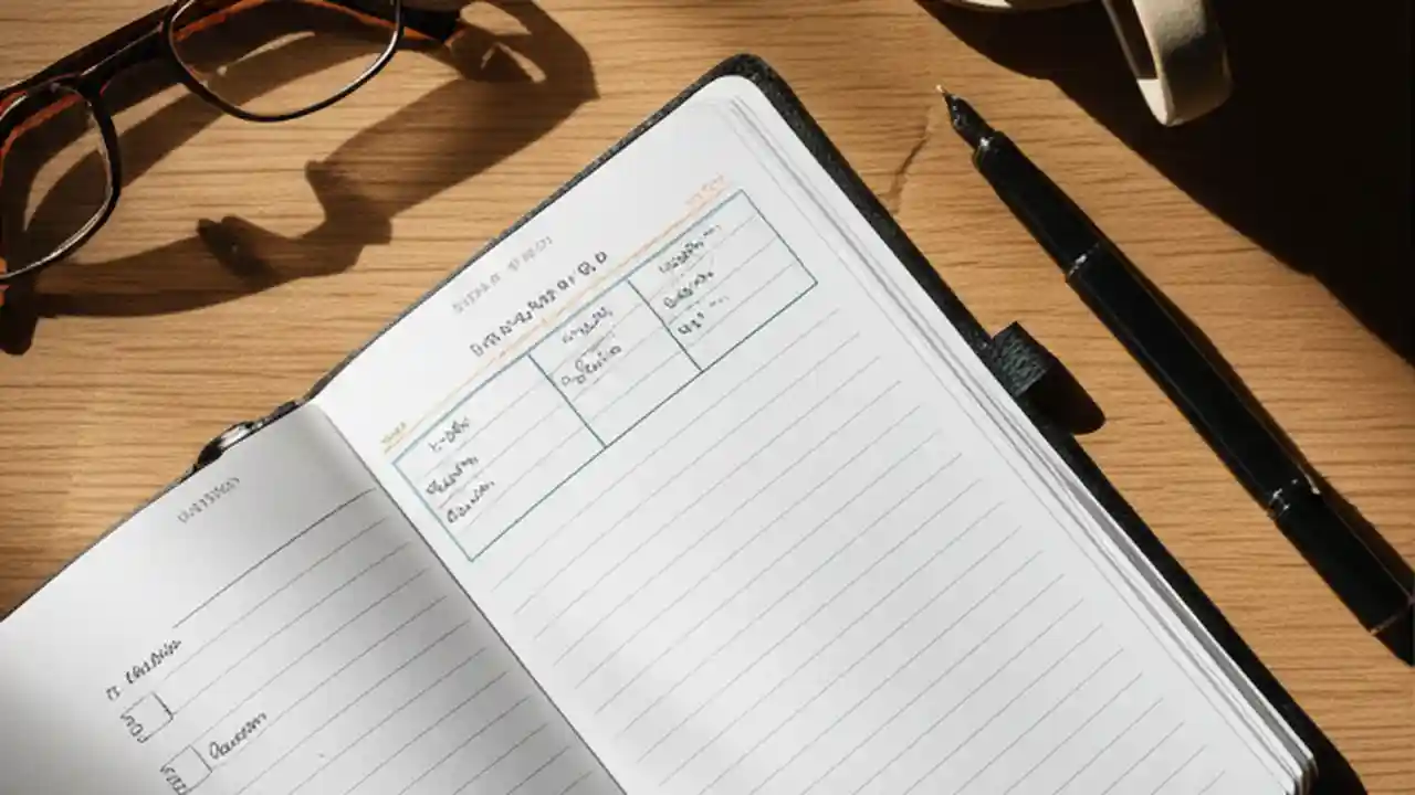 An overhead view of a weekly planning session setup, including an open planner, a cup of coffee, and a pen on a wooden desk.